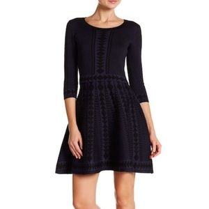 3/4 Sleeve Geometric Print Dress - Blue/Black